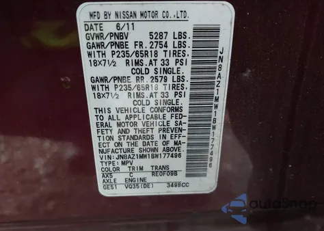 2011 Nissan Murano Sl from USA, damaged, VIN JN8AZ1MW1BW177496